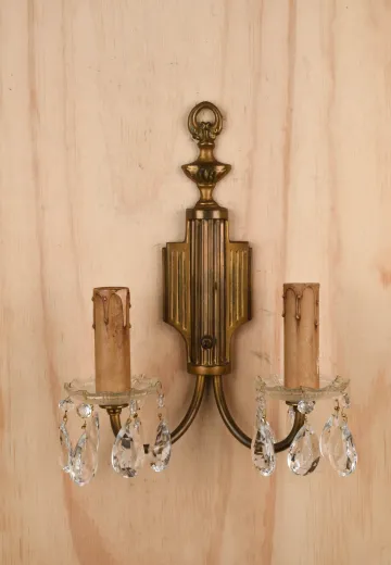 Antique Brass Two Candle Wall Sconce w/Crystal Drops