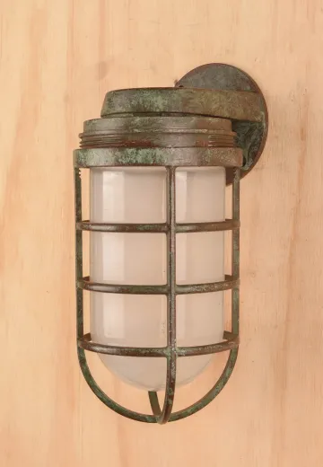 Distressed Metal Cage Wall Light w/Frosted Glass