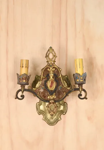 Two Candle Gothic Brass & Mica Wall Sconce