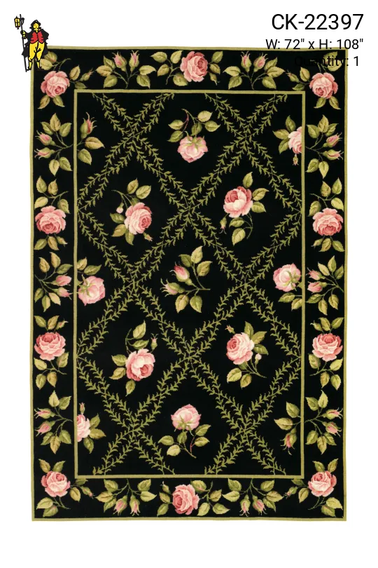 Black Floral Traditional Needlepoint Area Rug (6' x 9')