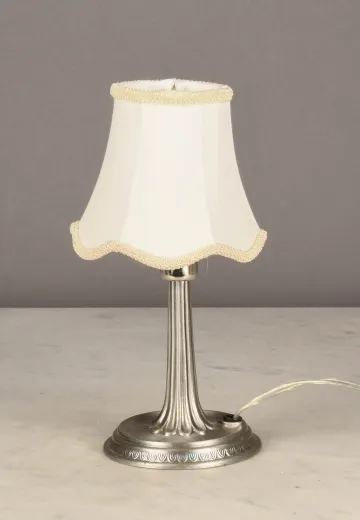 Brushed Nickel Plug In Cafe Table Lamp w/Off White Shades - Candelabra