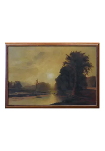 Framed Cleared River Sunset Oil Painting