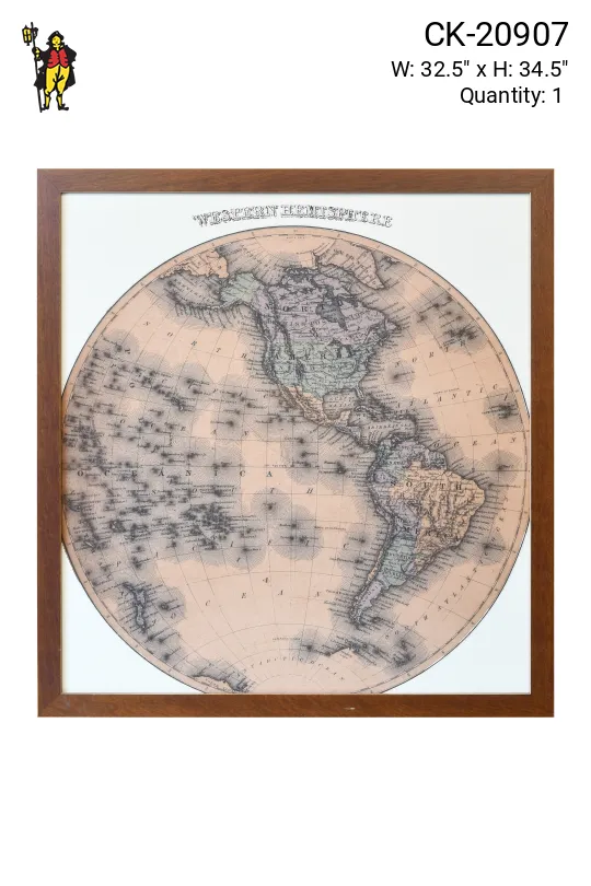 Framed Cleared 19th Century Sepia Western Hemisphere Map