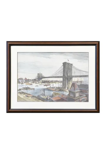 Framed Cleared Hand Colored Lithograph of Brooklyn Bridge