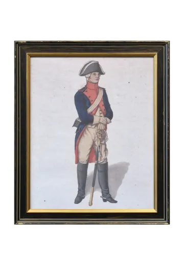 Framed Cleared Hand Colored Engraving of Office in Military