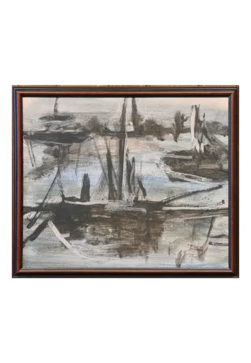 Framed Cleared Mid Century Harbor Scene Painting - 1