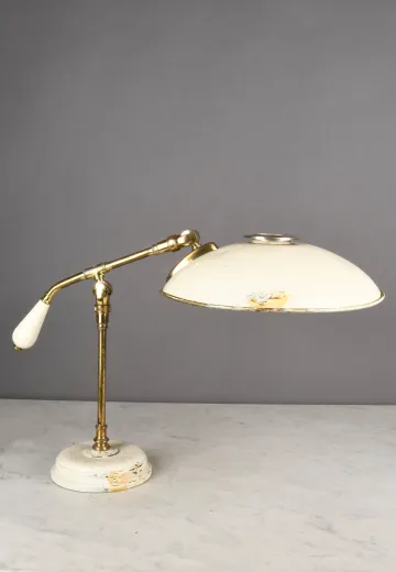White & Brass Distressed Metal Shaded Desk Lamp