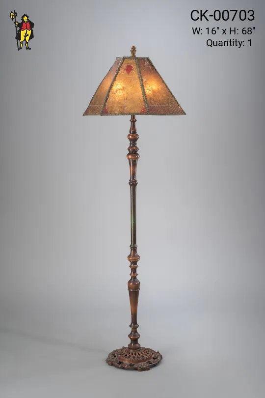 Wooden Floor Lamp w/Etched Amber Mica Lampshade