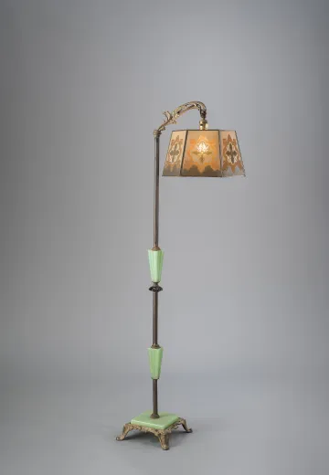 Brass & Jadalite Bridge Floor Lamp w/Amber Mica Lampshade