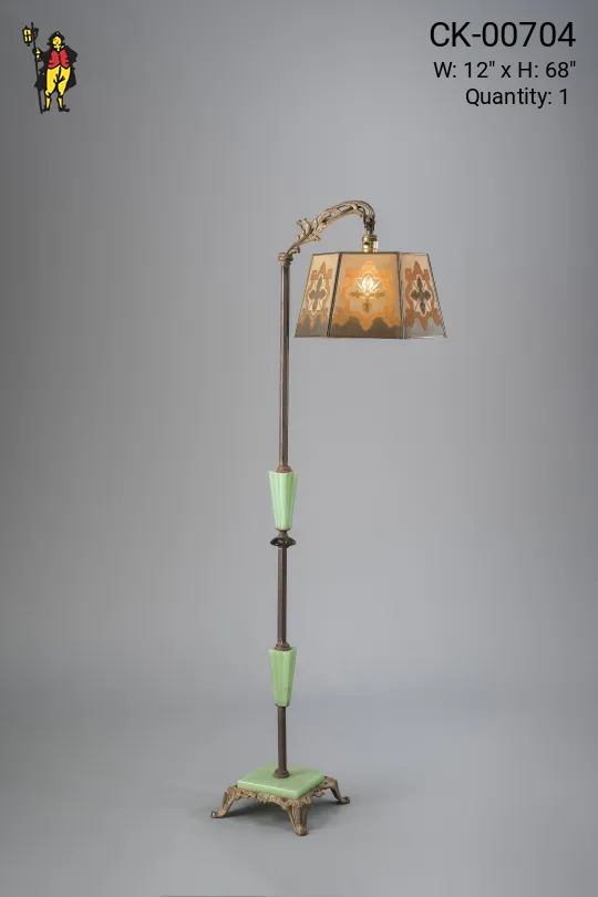 Brass & Jadalite Bridge Floor Lamp w/Amber Mica Lampshade