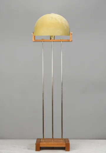 Mid Century Wooden Chrome Adjustable Head Floor Lamp w/Fiberglass Shade