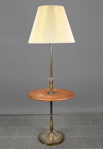 Brass Pole Floor Lamp w/Built in Wooden Table