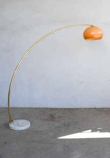 Marble Based Brass Arc Floor Lamp w/Amber Glass Shade
