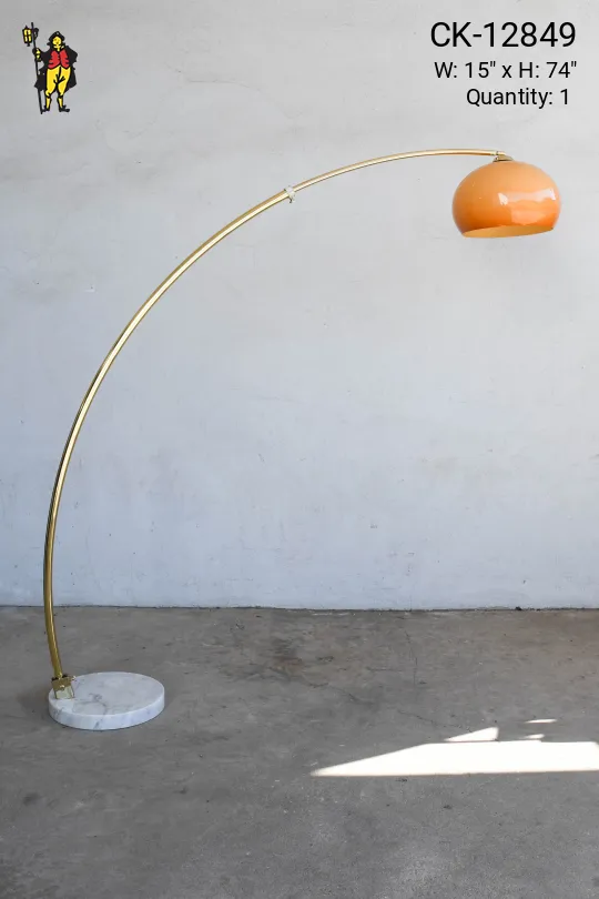 Marble Based Brass Arc Floor Lamp w/Amber Glass Shade