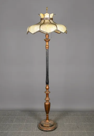 Painted Art Glass Shaded Floor Lamp (One Shade Panel Repaired)