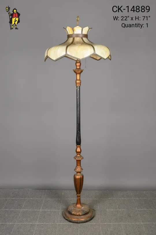 Painted Art Glass Shaded Floor Lamp (One Shade Panel Repaired)