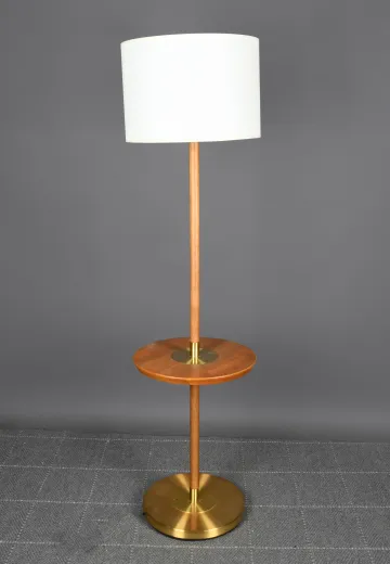 Wooden & Brass Floor Lamp w/Built In Table