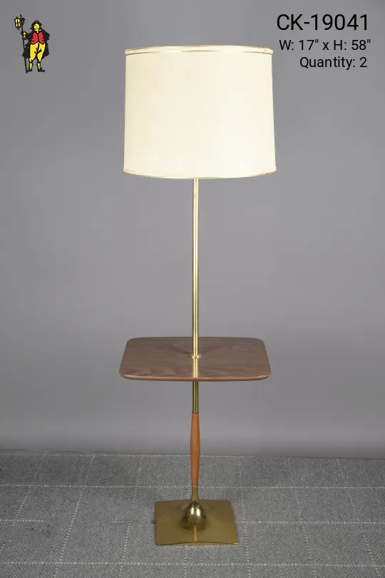 Brass Mid Century Floor Lamp w/Square Wooden Table