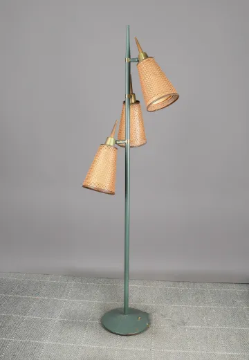 Green Three Light Woven Shaded Mid Century Floor Lamp