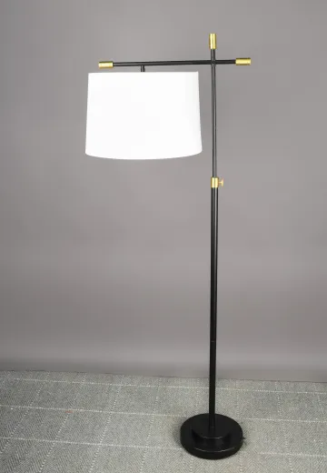 Black & Brass Fabric Shaded Modern Bridge Style Floor Lamp