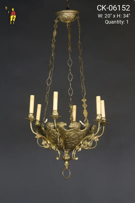 Six Light Gothic Brass Chandelier