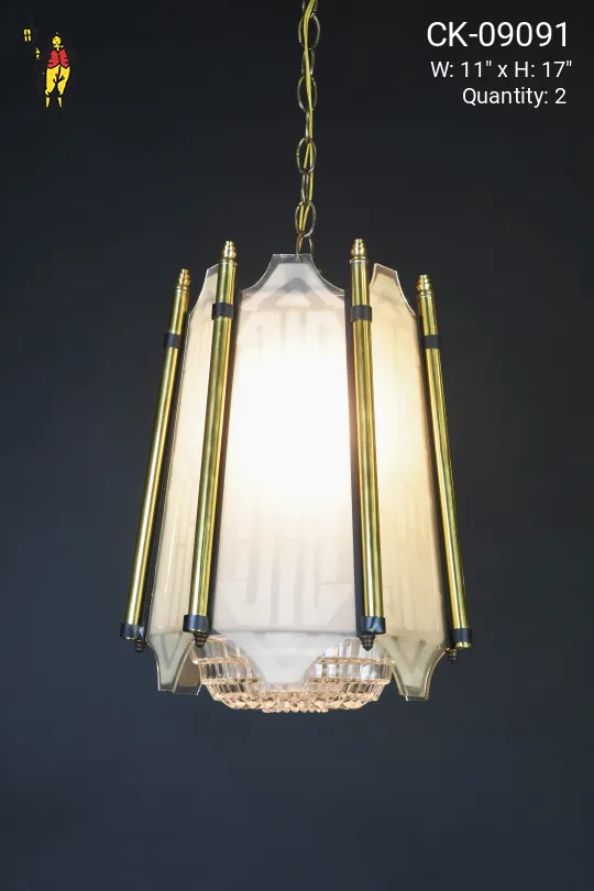Deco Brass & Etched Glass Hanging Lantern