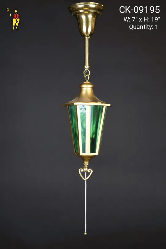Small Brass Hanging Lantern w/Green Glass