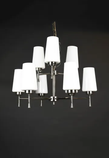 Nine Light Modern Chrome Chandelier w/Glass Shades
