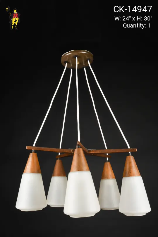 Wood & Glass Mid Century Five Light Hanging Fixture