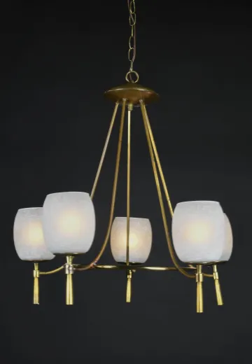 Five Light Mid Century Brass Chandelier