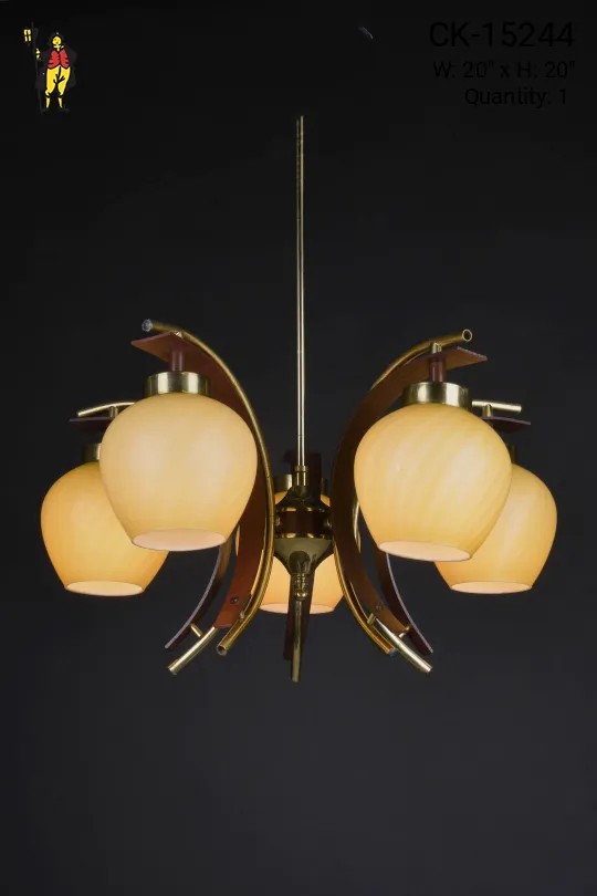 Wood & Brass Five Light Glass Shaded Hanging Fixture