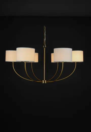 Brass Six Light Curved Arm Chandelier w/Fabric Shades & Glass Diffusers