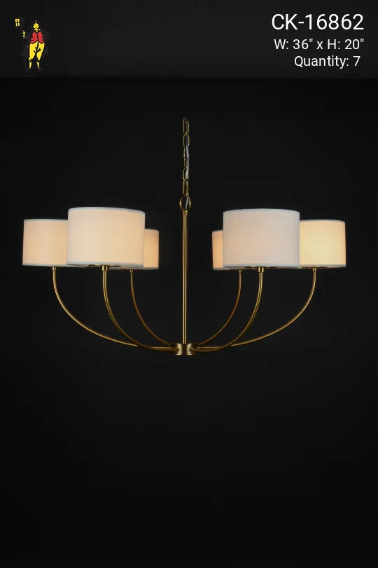 Brass Six Light Curved Arm Chandelier w/Fabric Shades & Glass Diffusers