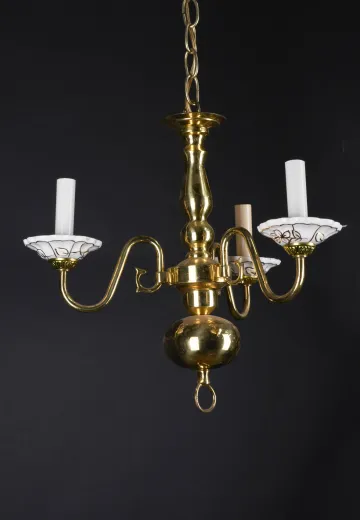 Polished Brass & Porcelain Three Light Chandelier