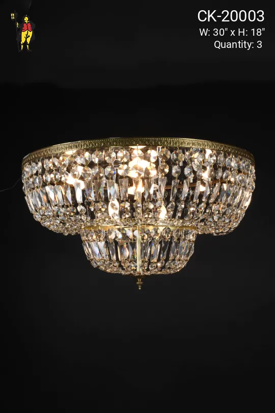 30" Brass & Crystal Two Tiered Basket Flush Mount Fixture