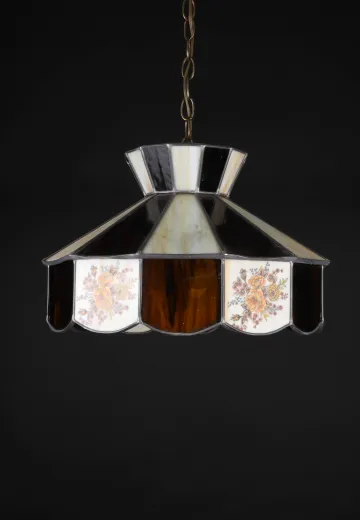 Brown Art Glass Hanging Pendant w/Painted Floral Pattern