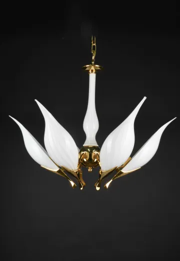 White Glass & Polished Brass Hanging Chandelier