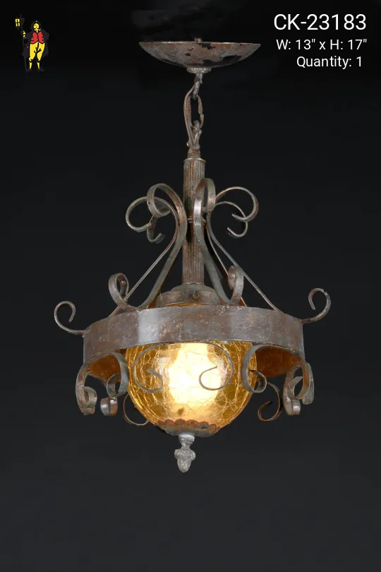 Wrought Iron Gothic Hanging Pendant w/Amber Glass Globe