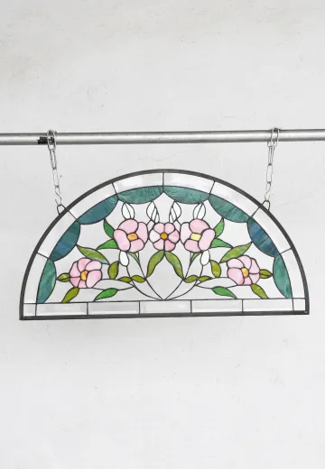 Pink & Green Floral Half Moon Stain Glass