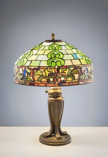 Antique Brass Table Lamp w/Multicolor Art Glass Shade