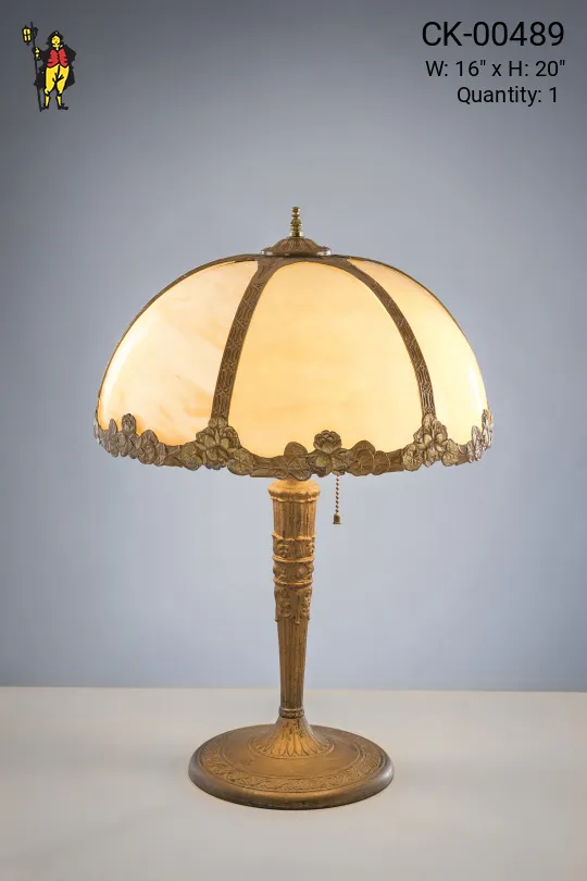 Brass Table Lamp w/Curved Slag Glass Shade