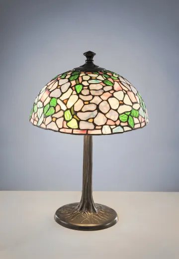 Antique Bronze Table Lamp w/Leaded Glass Shade