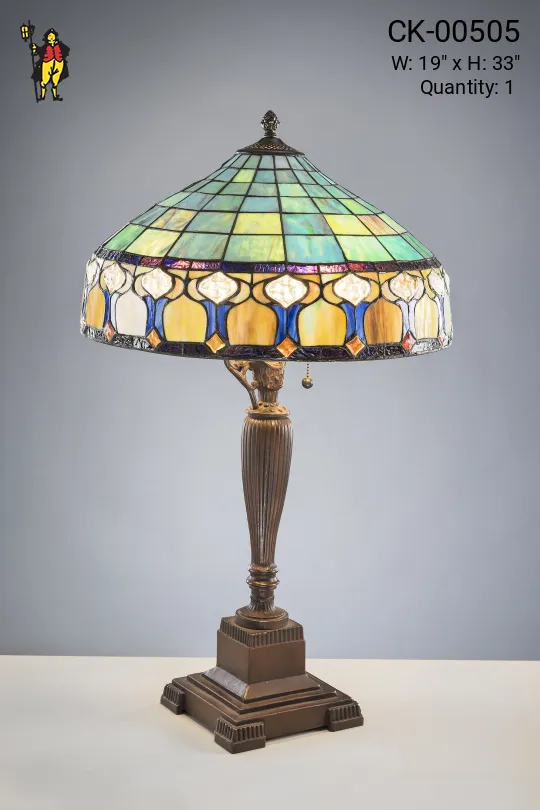 Bronze Table Lamp w/Multicolor Shade