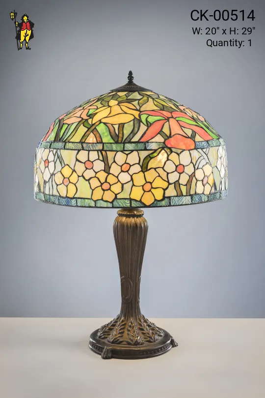 Bronze Table Lamp w/Leaded Glass Shade
