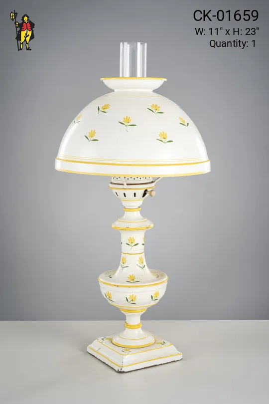 White & Yellow Painted Floral Tole Lamp