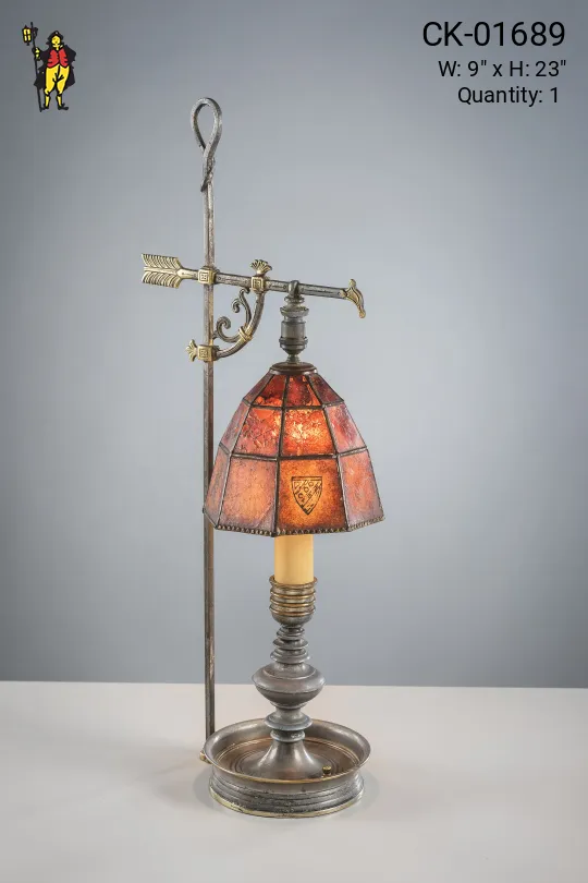 Antique Brass Bridge Table Lamp w/Amber Mica Shade