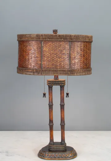 Wooden Two Light Table Lamp w/Woven Shade