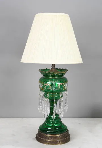 Shaded Glass Electrified Oil Lamp w/Crystal Drops