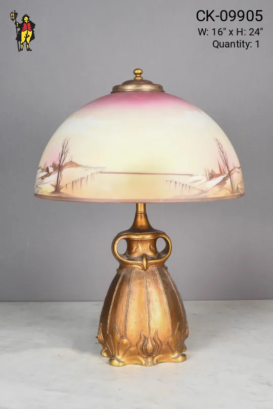 Handel Brass Table Lamp w/Painted Glass Shade