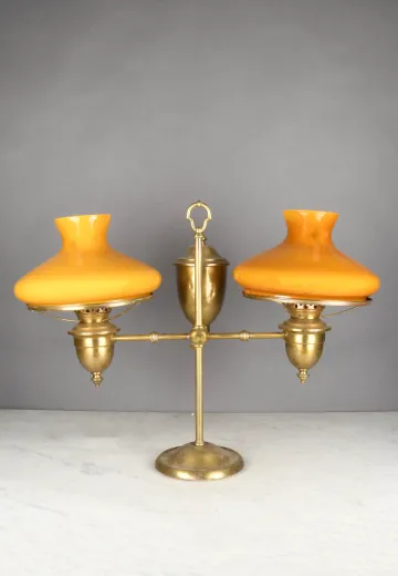 Two Light Faux-Oil Electrified Brass Table Lamp